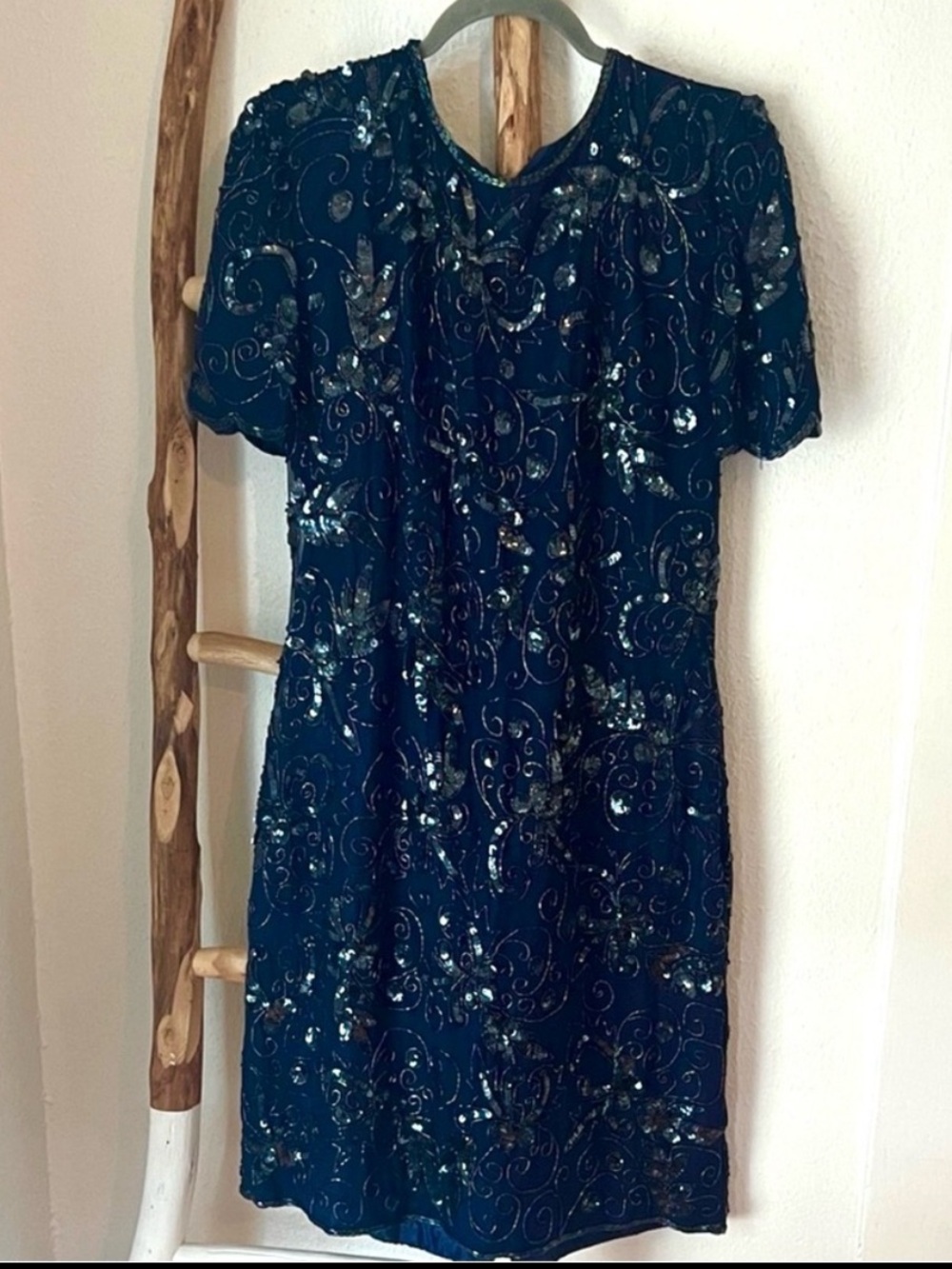 Vintage Navy Beaded Sequined Short Sleeve Cocktail Evening Dress Large Keyhole